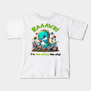 Dinosaur Attacking Building Blocks City: I'm Dino-miting! Kids T-Shirt